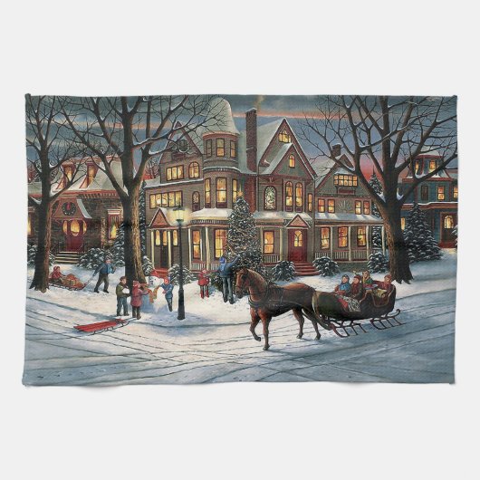Vintage kerst besneeuwd landschap theedoek (Horizontaal)