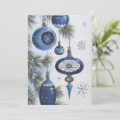 Vintage Kerst Blauwe Ornamenten Feestdagenkaart (Staand voorkant)