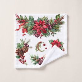 Vintage Kerst Bloem en Bes Waterverf Clip Bad Handdoek