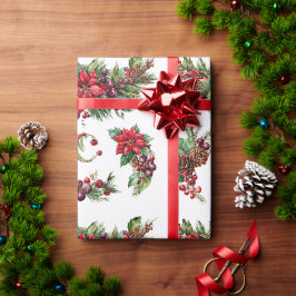 Vintage Kerst Bloem en Bes Waterverf Clip Cadeaupapier