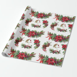 Vintage Kerst Bloem en Bes Waterverf Clip Cadeaupapier