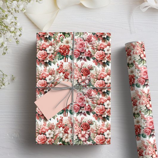Vintage Kerst Bloemen en Candy Cane Cadeaupapier