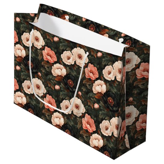 Vintage Kerst Bloemen Peony Roze & Donkergroen Groot Cadeauzakje (Voorkant Gekanteld)