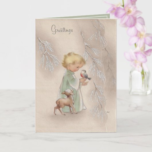 Vintage Kerst Blond Baby Vogel Lam Kaart (Orchidee)