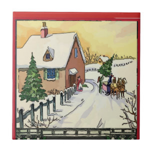 Vintage Kerst Boerderij Sneeuw Tegels Tegeltje