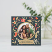 Vintage kerst botanische familie foto feestdagenkaart (Staand voorkant)