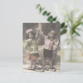 Vintage Kerst briefkaart-kinderen op ski's Feestdagenkaart (Staand voorkant)