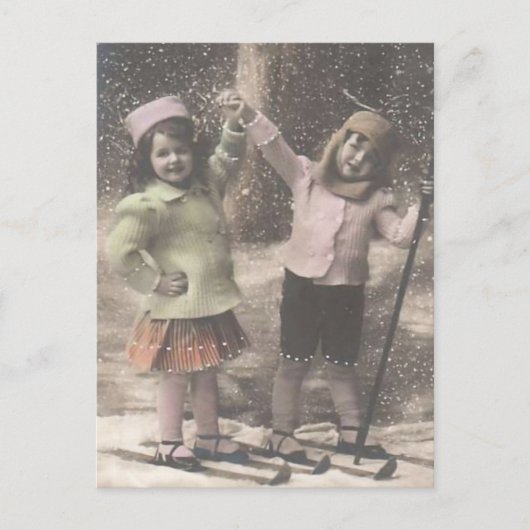 Vintage Kerst briefkaart-kinderen op ski's Feestdagenkaart (Voorkant)
