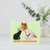 VINTAGE KERST BRIEFKAART, MEISJE W CAT FEESTDAGENKAART (Staand voorkant)