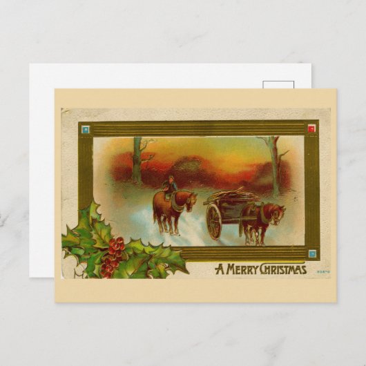 Vintage Kerst briefkaart Paard & Koets (Voorkant / Achterkant)