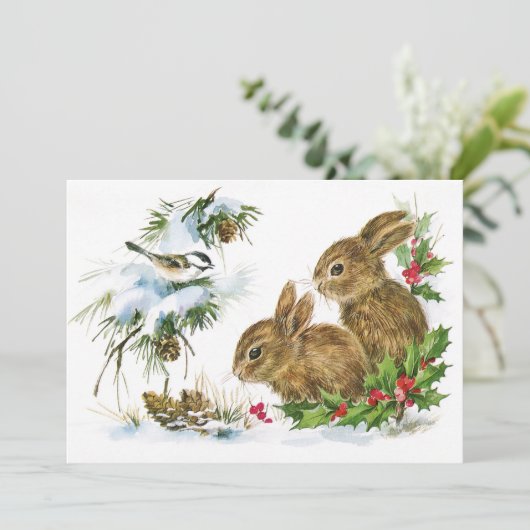 Vintage Kerst Bunnies Uitnodiging (Staand voorkant)
