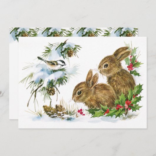 Vintage Kerst Bunnies Uitnodiging (Voorkant / Achterkant)