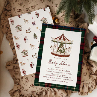 Vintage Kerst Carrousel Tartan Baby Shower Kaart