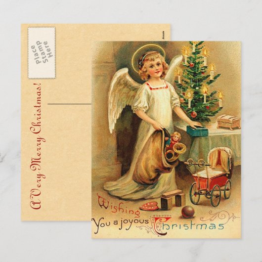Vintage Kerst Cherub Briefkaart (Voorkant / Achterkant)