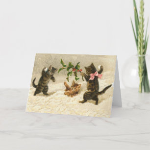 Vintage Kerst Comic katten kat sneeuwbal gevecht Feestdagen Kaart