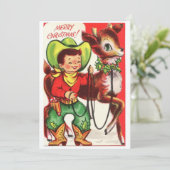 Vintage kerst cowboy met rendier feestdagenkaart (Staand voorkant)