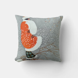 Vintage kerst dame in sneeuw met rode jas kussen