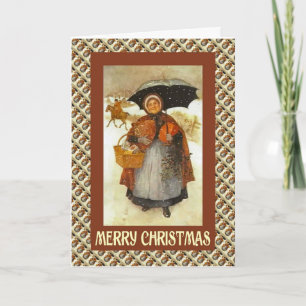 Vintage kerst, dame met een mand met cadeaus feestdagen kaart