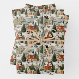 Vintage Kerst dorp inpakpapier