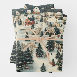 Vintage Kerst dorp inpakpapier Vel