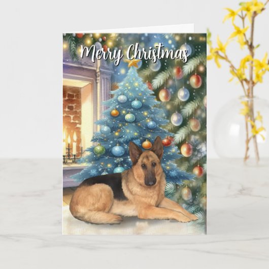 Vintage kerst Duitse herder Kaart (Gele Bloem)