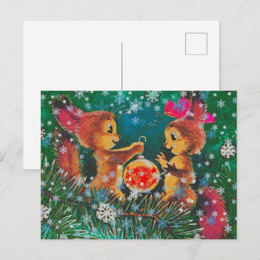 Vintage Kerst Eekhoorns Feestdagenkaart (Voorkant / Achterkant)