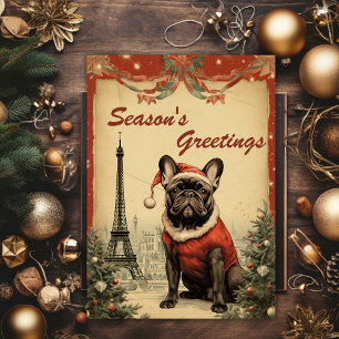 Vintage Kerst Eiffeltoren Franse Bulldog Feestdagen Kaart