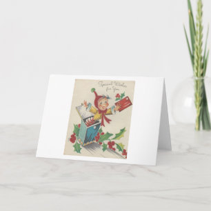 Vintage kerst elf in een doos feestdagen kaart