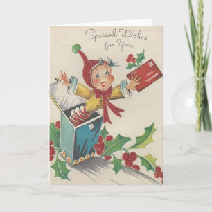 Vintage kerst elf in een doos feestdagen kaart