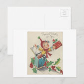 Vintage kerst elf in een doos feestdagenkaart (Voorkant / Achterkant)