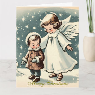 Vintage kerst engel en kind kaart