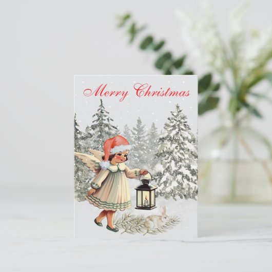Vintage kerst engel en konijn briefkaart (Staand voorkant)