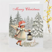 Vintage kerst engel en konijn kaart (Gele Bloem)