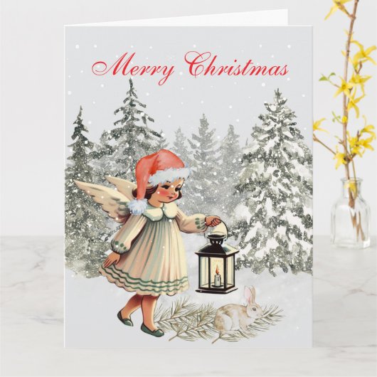 Vintage kerst engel en konijn kaart (Gele Bloem)