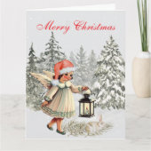 Vintage kerst engel en konijn kaart (Voorkant)