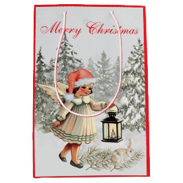 Vintage kerst engel en konijn medium cadeauzakje