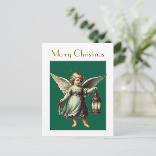 Vintage kerst engel en lantaarn briefkaart (Staand voorkant)