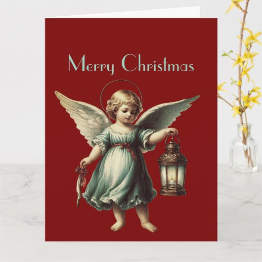 Vintage kerst engel en lantaarn kaart (Gele Bloem)