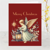 Vintage kerst engel en lantaarn kaart (Gele Bloem)