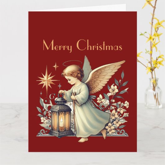Vintage kerst engel en lantaarn kaart (Gele Bloem)