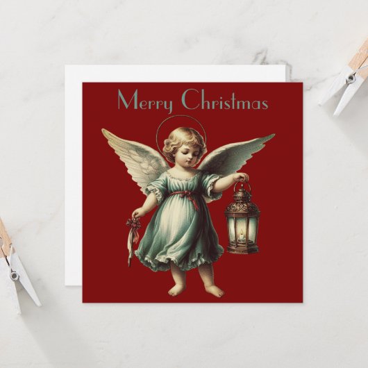 Vintage kerst engel en lantaarn kaart (Voorkant / Achterkant in situ)