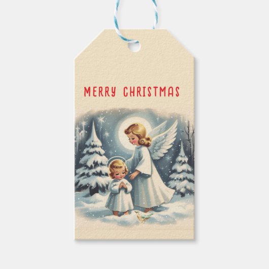 Vintage kerst engel, kind en vogel cadeaulabel (Voorkant)