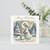 Vintage kerst engel, kind en vogel feestdagenkaart (Staand voorkant)