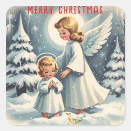 Vintage kerst engel, kind en vogel vierkante sticker