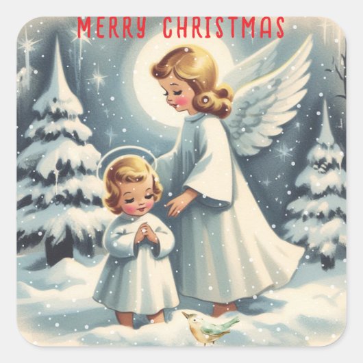 Vintage kerst engel, kind en vogel vierkante sticker (Voorkant)