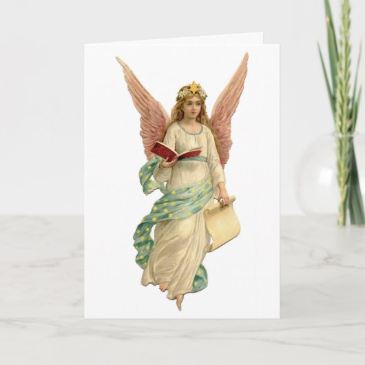 Vintage kerst engel met boek feestdagen kaart (Voorkant)