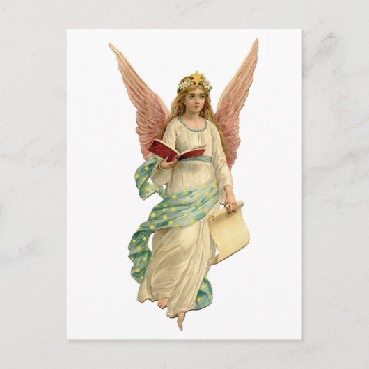 Vintage kerst engel met boek feestdagenkaart (Voorkant)