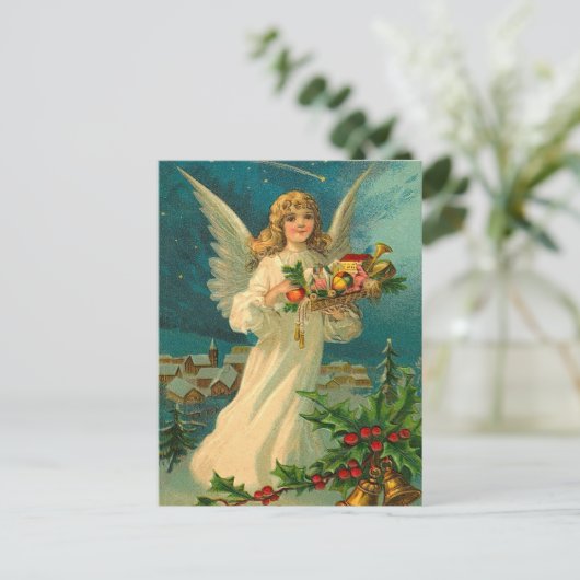 Vintage kerst engel met speelgoed feestdagenkaart (Staand voorkant)