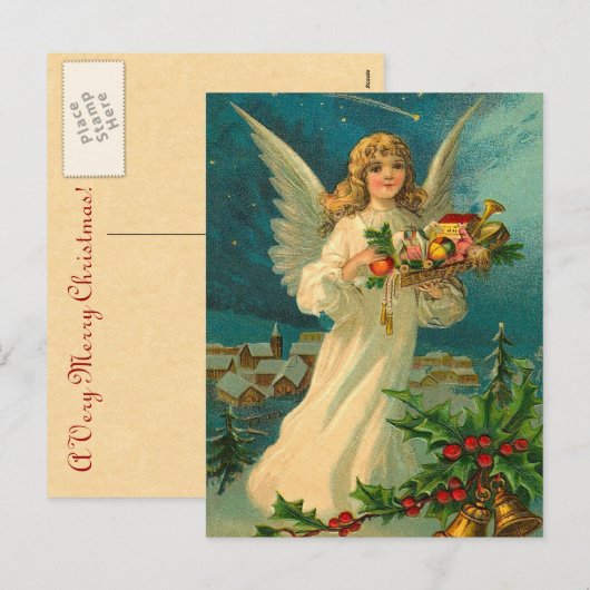 Vintage kerst engel met speelgoed feestdagenkaart (Voorkant / Achterkant)