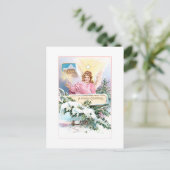 Vintage kerst engel, ster & sneeuw bedekte den briefkaart (Staand voorkant)
